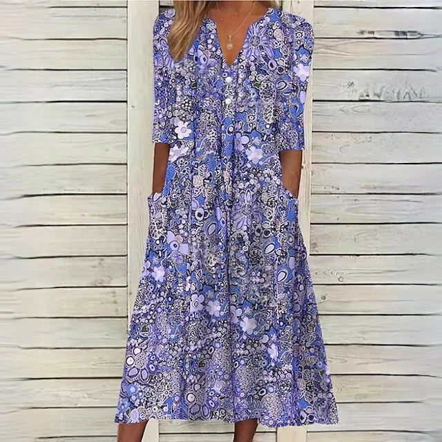 Midi-jurk met retro bloemenprint en V-hals