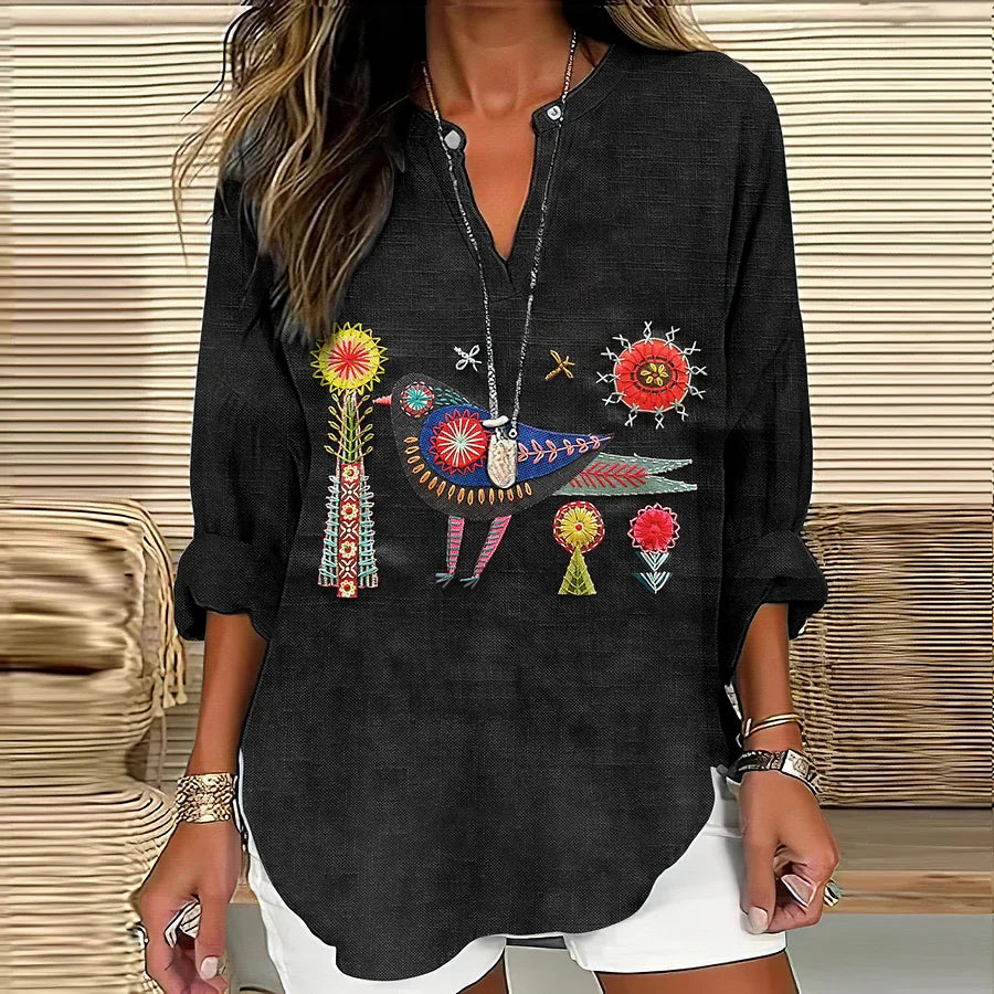 Tunika-Bluse mit Folk-Vogel-Stickerei