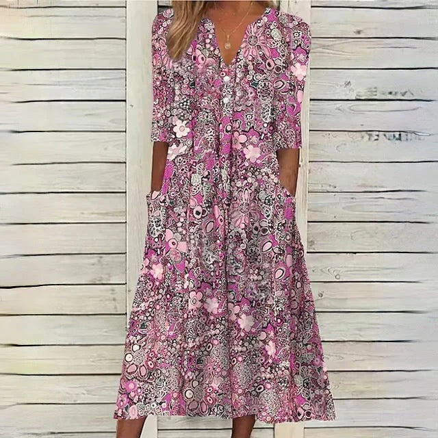 Abito midi con scollo a V con stampa floreale retrò